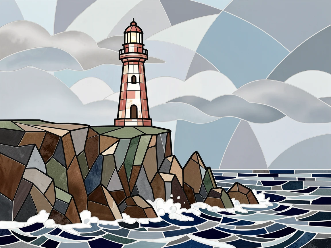 A dramatic cliffside lighthouse overlooking a stormy sea, under a soft blanket of morning fog.