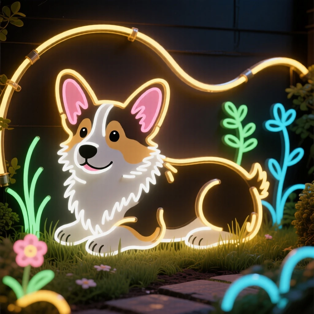 a fluffy corgi puppy in a quiet backyard garden.