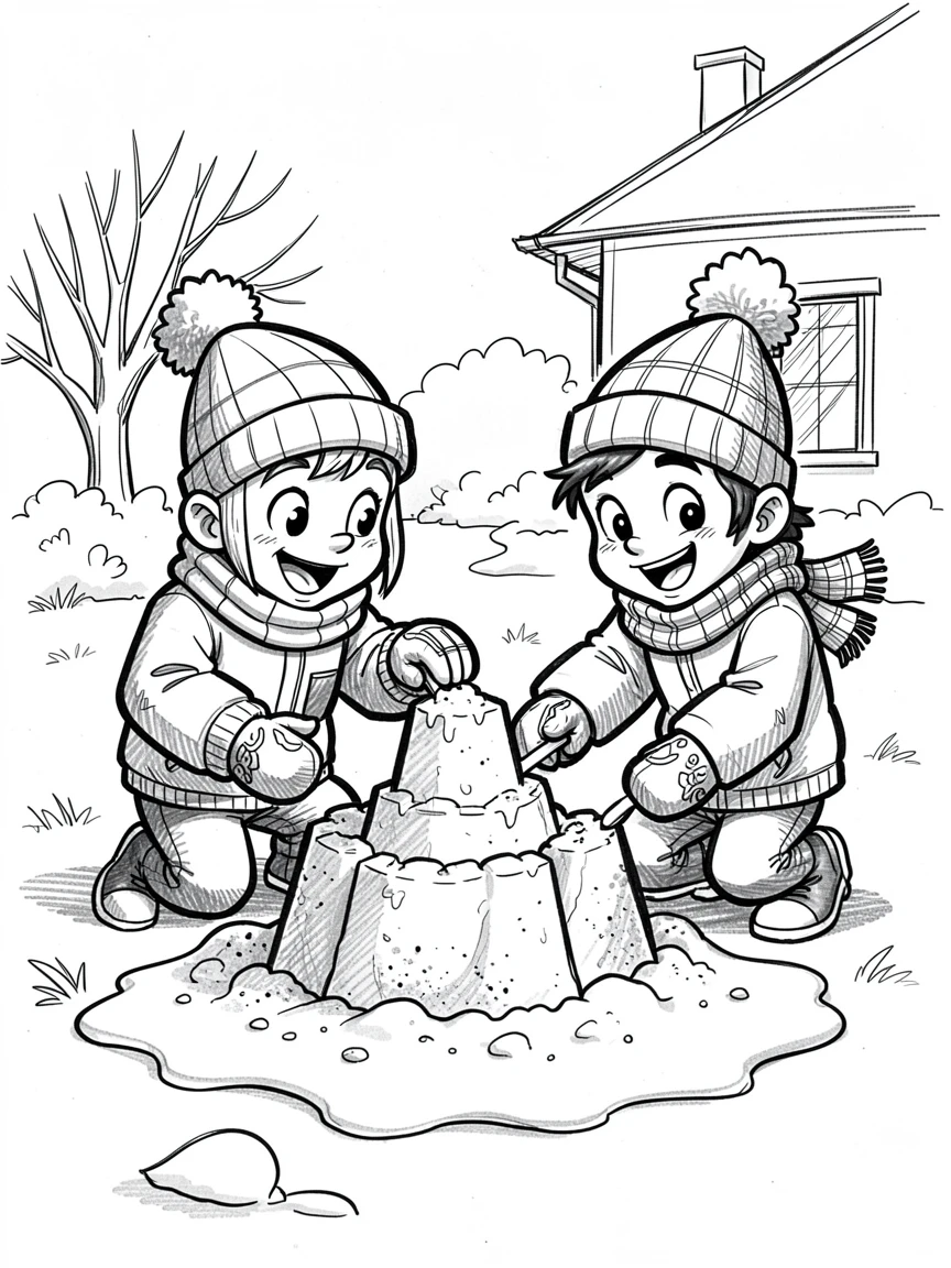 Two kids building a sandcastle on a snowy front yard.
