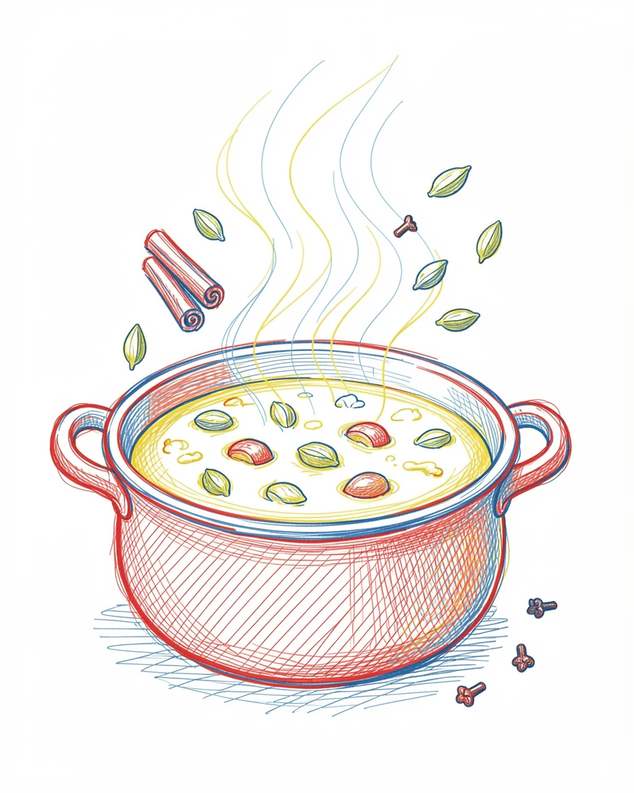 A traditional curry simmering in a pot, steam rising with spices