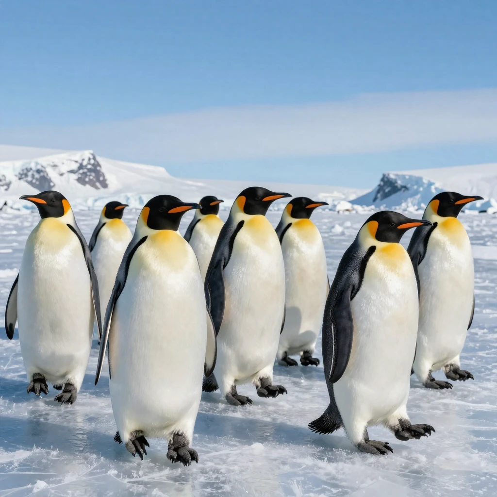 A group of penguins waddling across Antarctic ice