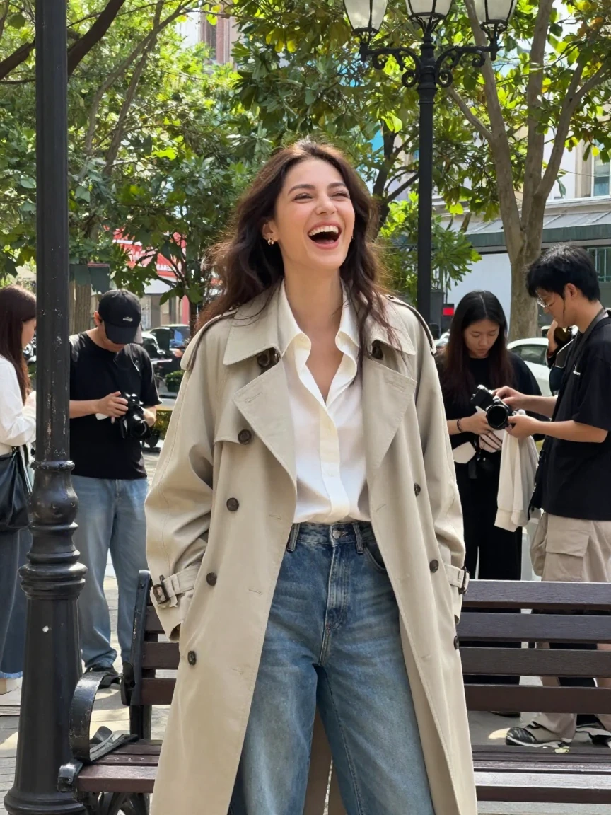A fashion model laughs unexpectedly between poses during an outdoor styling session.