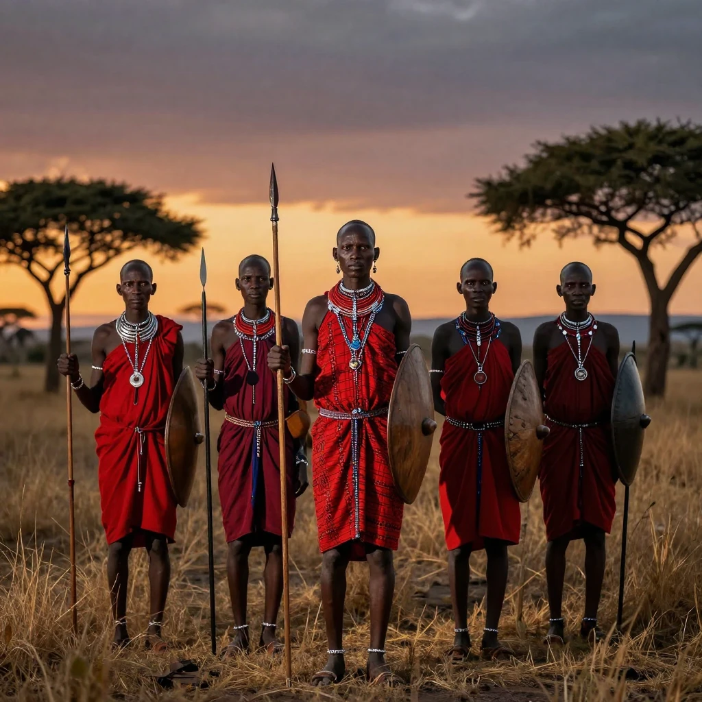 A group of Maasai warriors standing tall against the African savanna at dusk