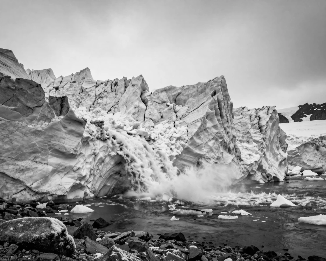 A glacier calves a massive chunk of ice into the sea along a remote polar coastline.