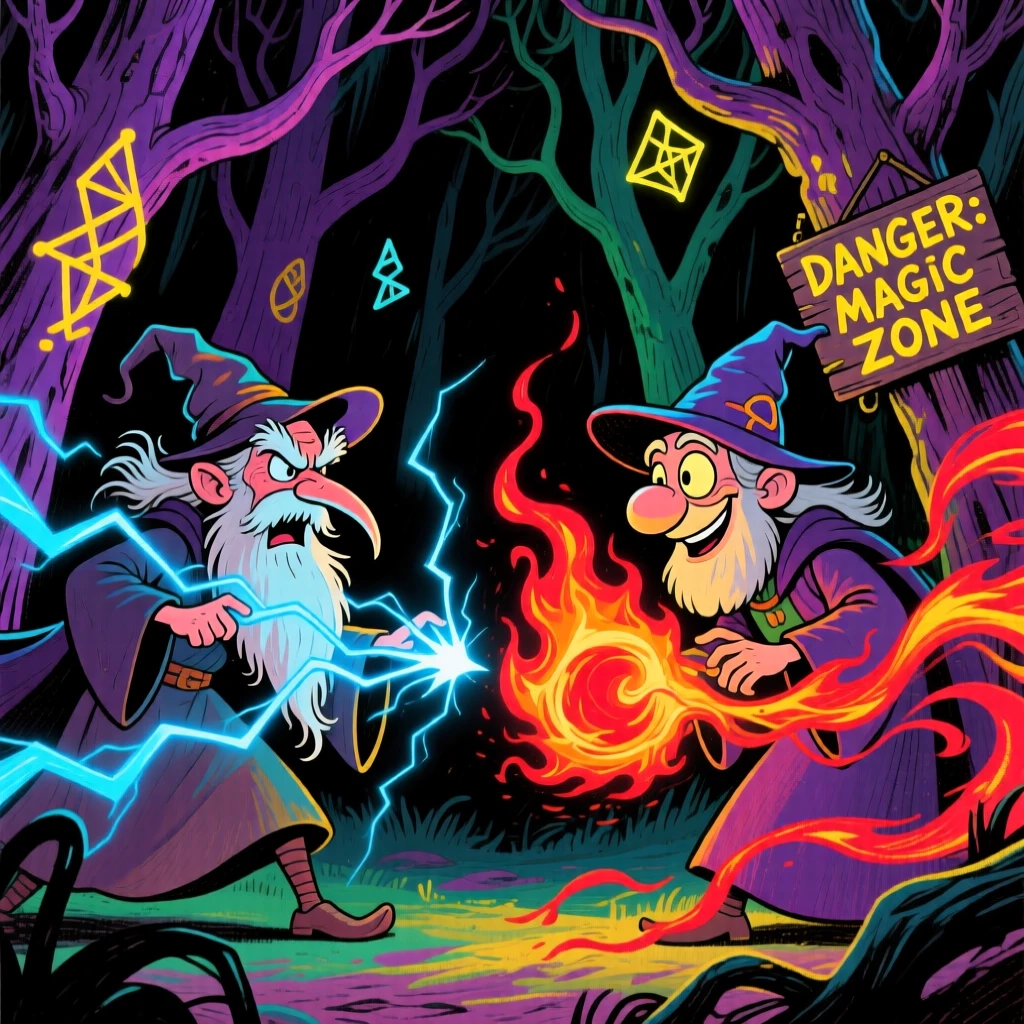 A wizard duel lighting up a dark forest with bursts of colorful magic.