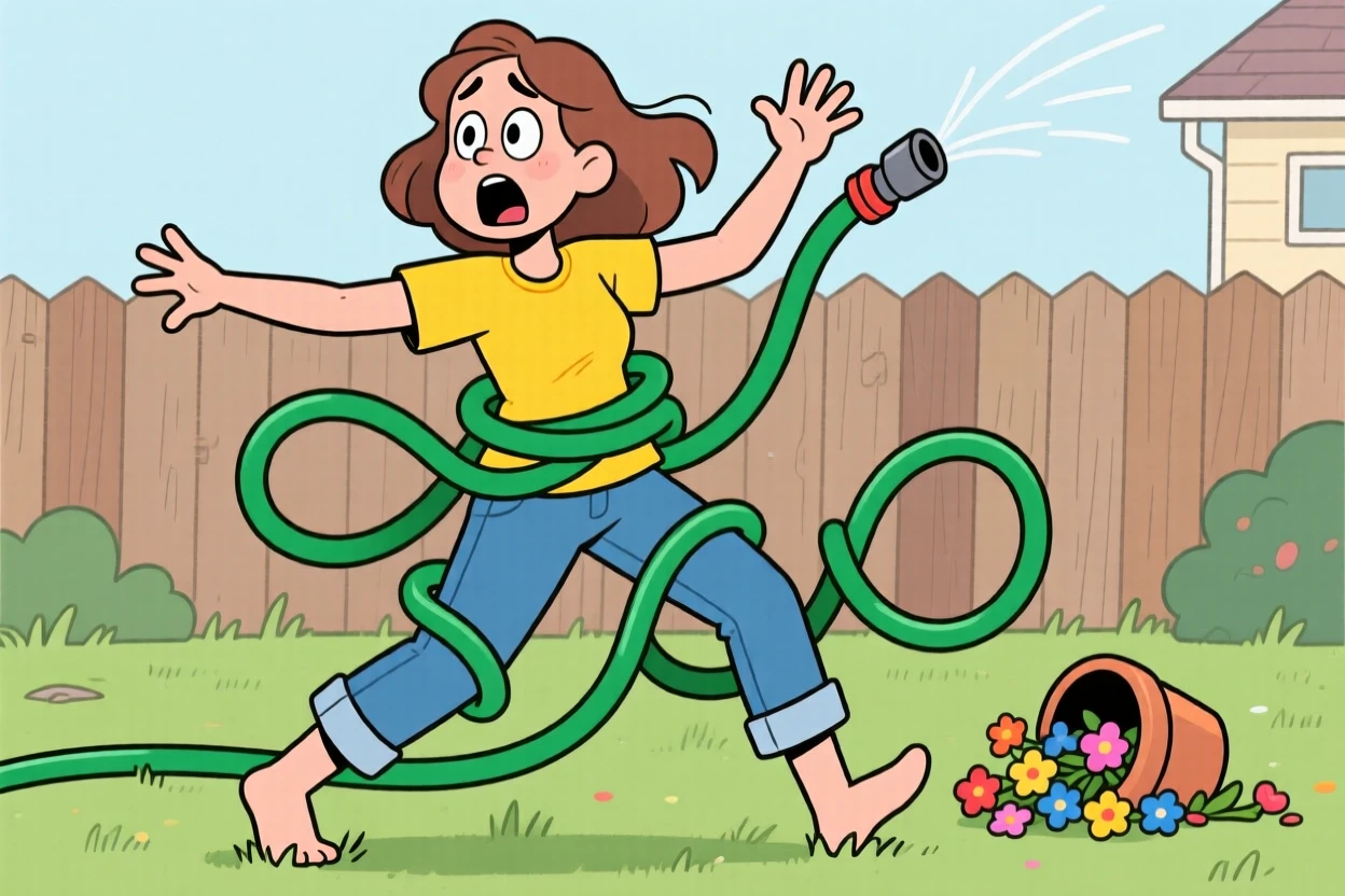 A funny expressive moment showing a woman getting tangled up in a garden hose, with arms flailing for balance.
