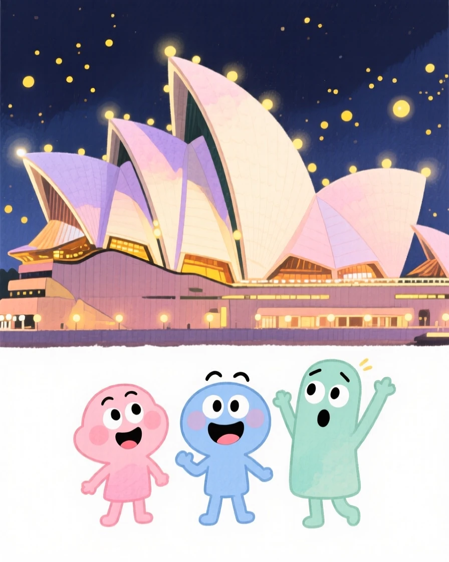 A dreamy travel postcard scene of the Sydney Opera House glowing under twinkling evening lights