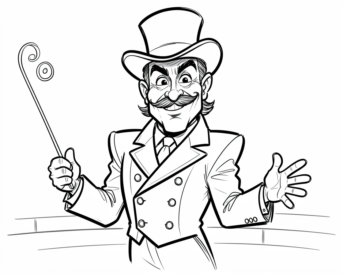 [People Portraits & Characters] Portrait of a dignified circus ringmaster mid-performance, full of personality and charm
