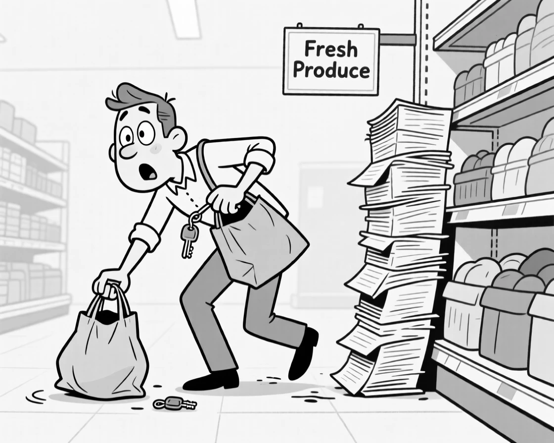 A person trying to act natural after tripping in public, dropping one bag while frantically digging for keys, set in a supermarket aisle. A stack of ungraded papers teeters nearby. The scene captures the comedy hidden in ordinary days.