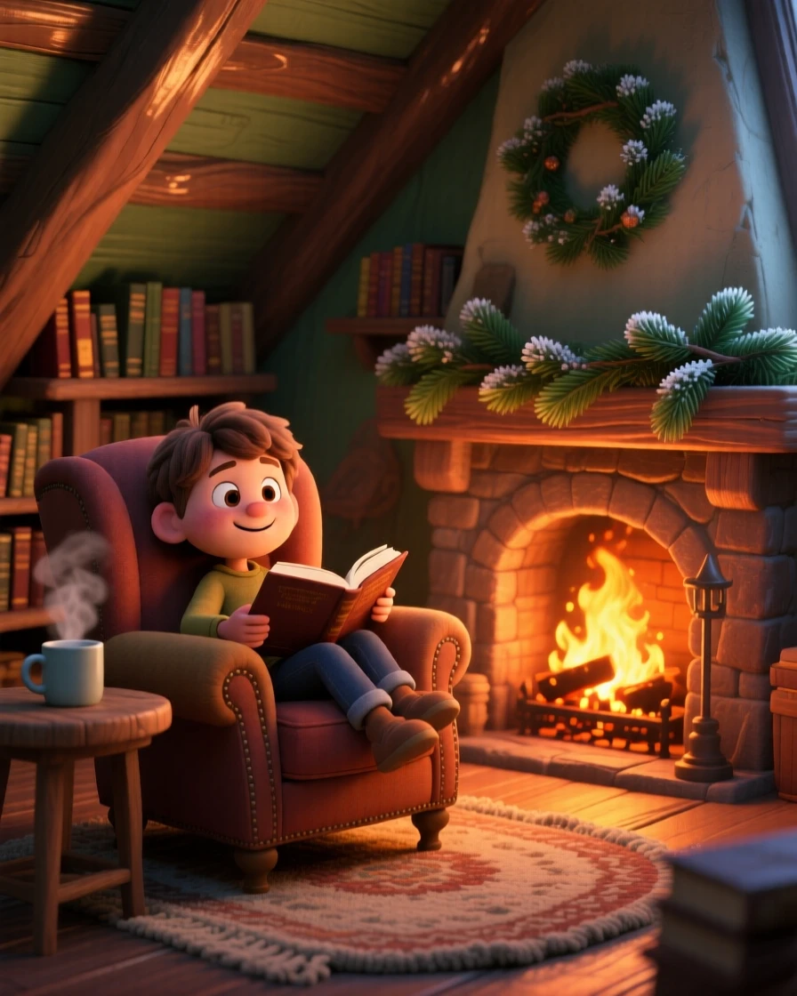 A young reader curled in an armchair sits in an attic room with slanted wooden beams, listening to the crackle of the fire. A deep sense of comfort and quiet contentment fills the room, with pine branches decorating the mantel.