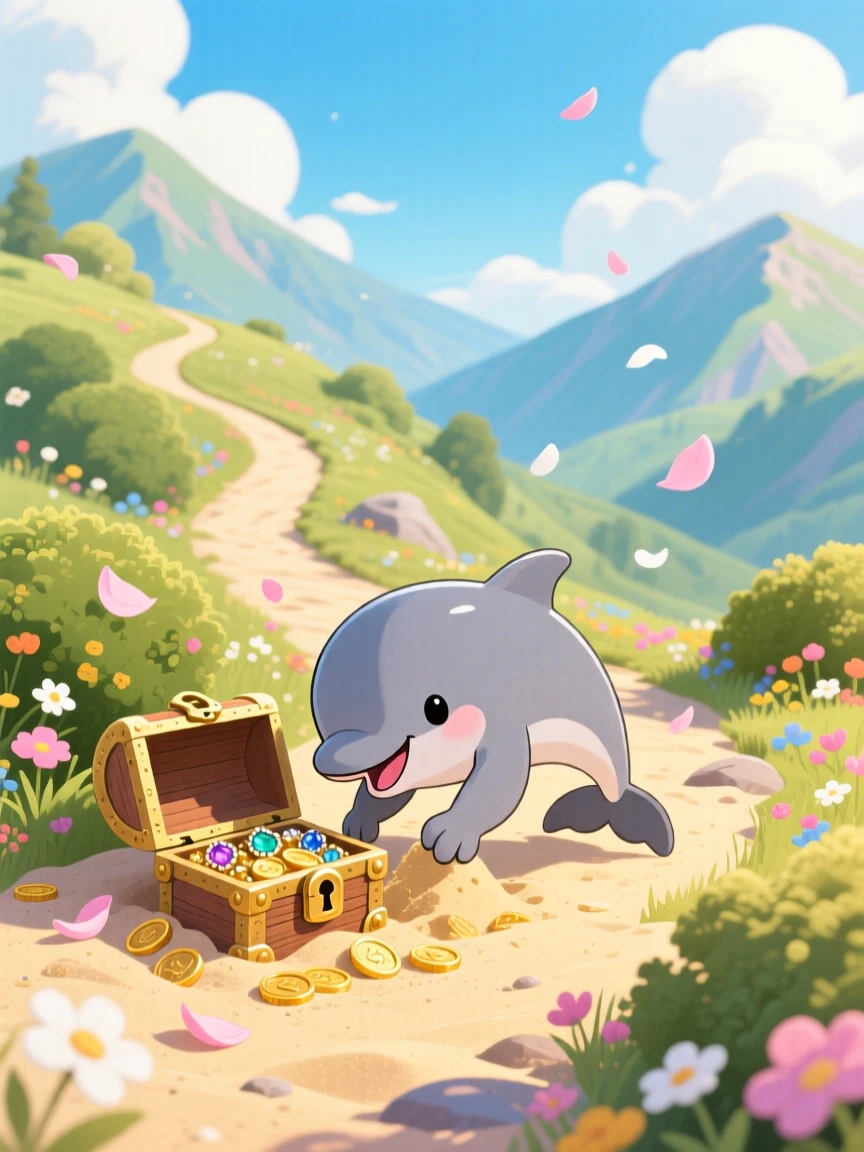 A playful dolphin calf is digging for buried treasure in the sand in a winding mountain trail, with petals drifting gently down.