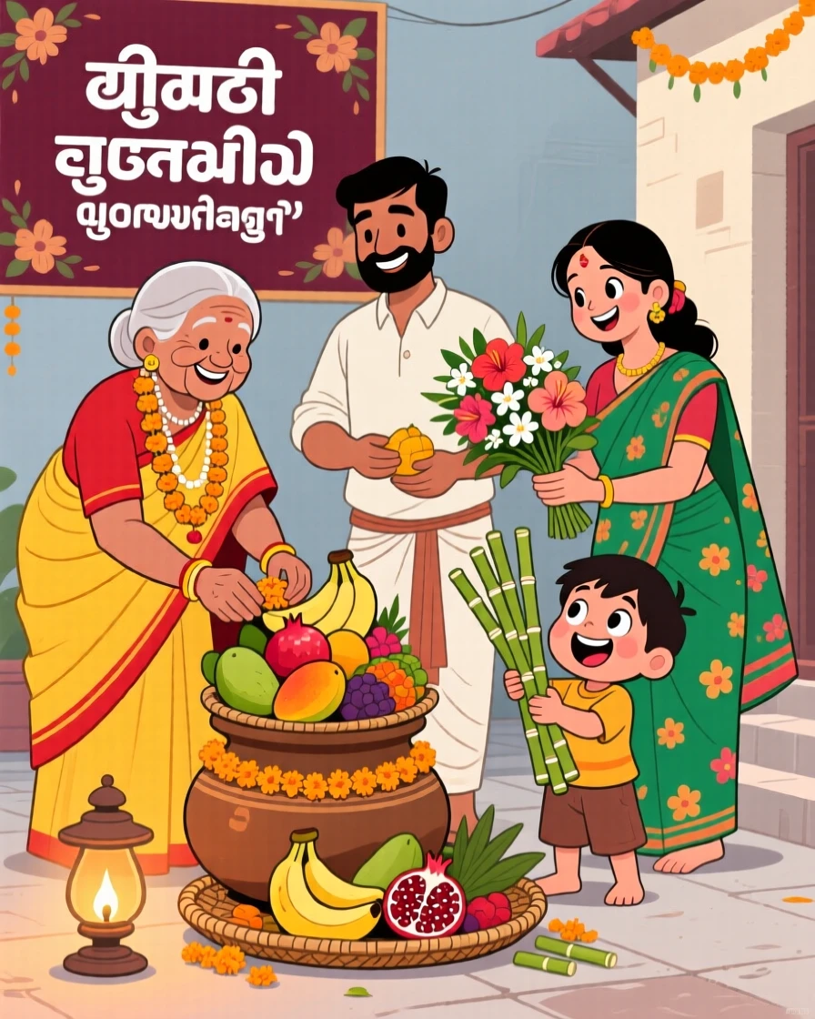 A family arranging fruit and flowers for a Pongal harvest celebration.