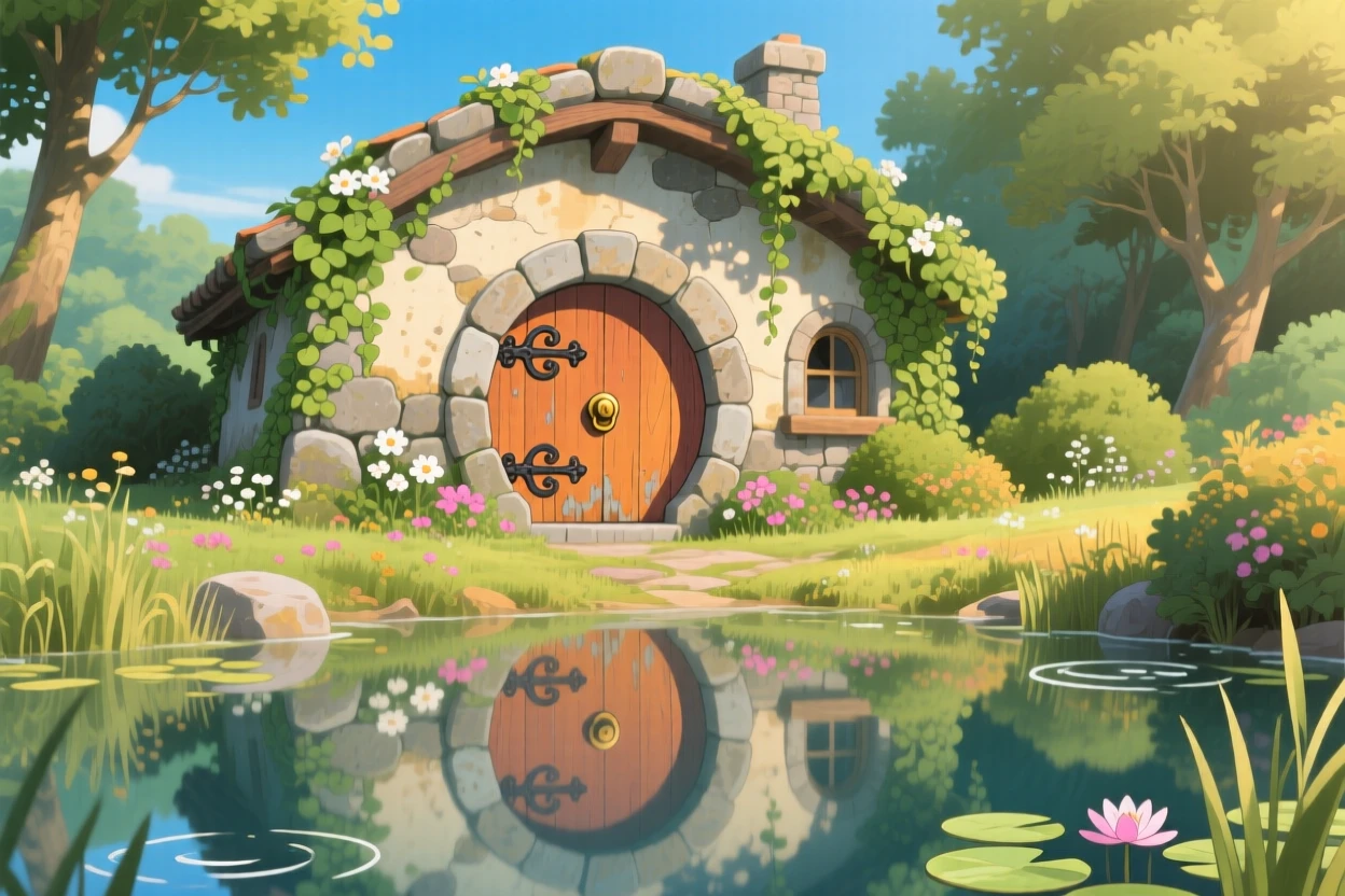 A charming view of a cozy stone cottage with a round wooden door and ivy-covered walls, reflected perfectly in a still nearby pond.