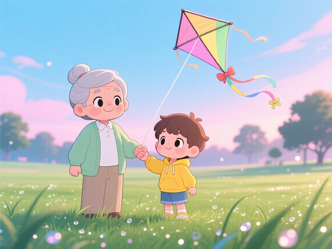 Symmetrical front-on view of grandparent and grandchild, flying a kite together, in a breezy open park, as morning dew glistens on the grass, illuminated by neon-lit glow, radiating peaceful calm.