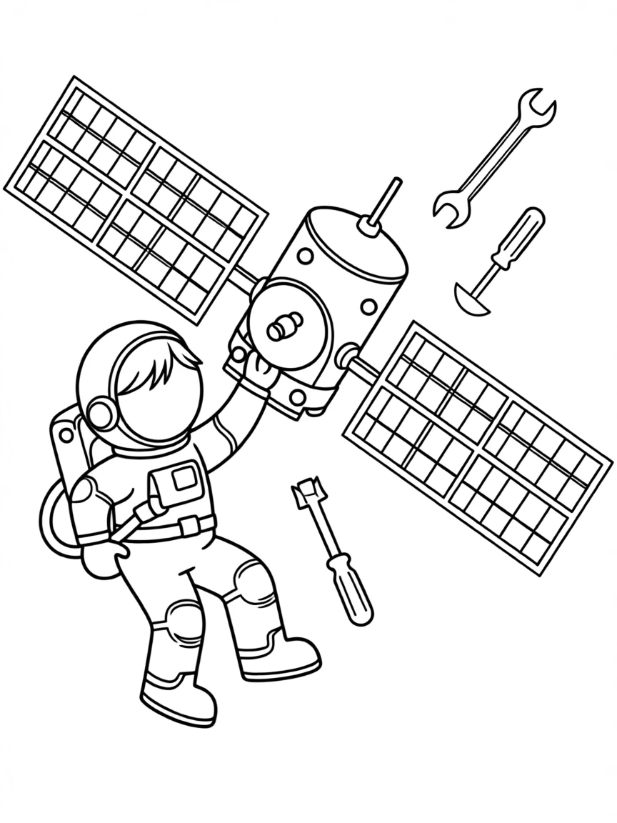An astronaut fixing a satellite with tools floating nearby