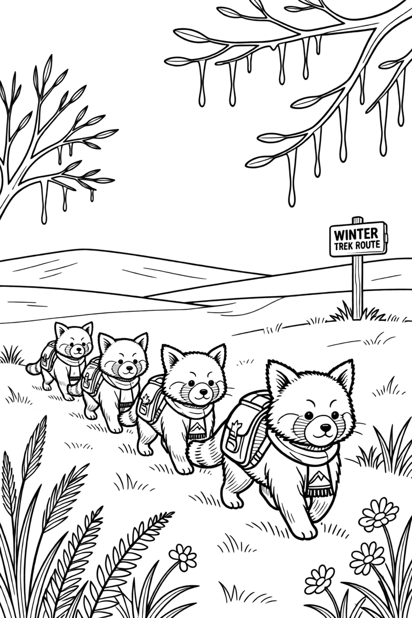 A red panda traveling in a herd across open plains, with icicles hanging from nearby branches.