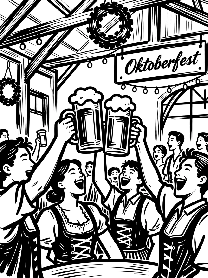 A traditional German Oktoberfest celebration with steins raised in a lively beer hall.