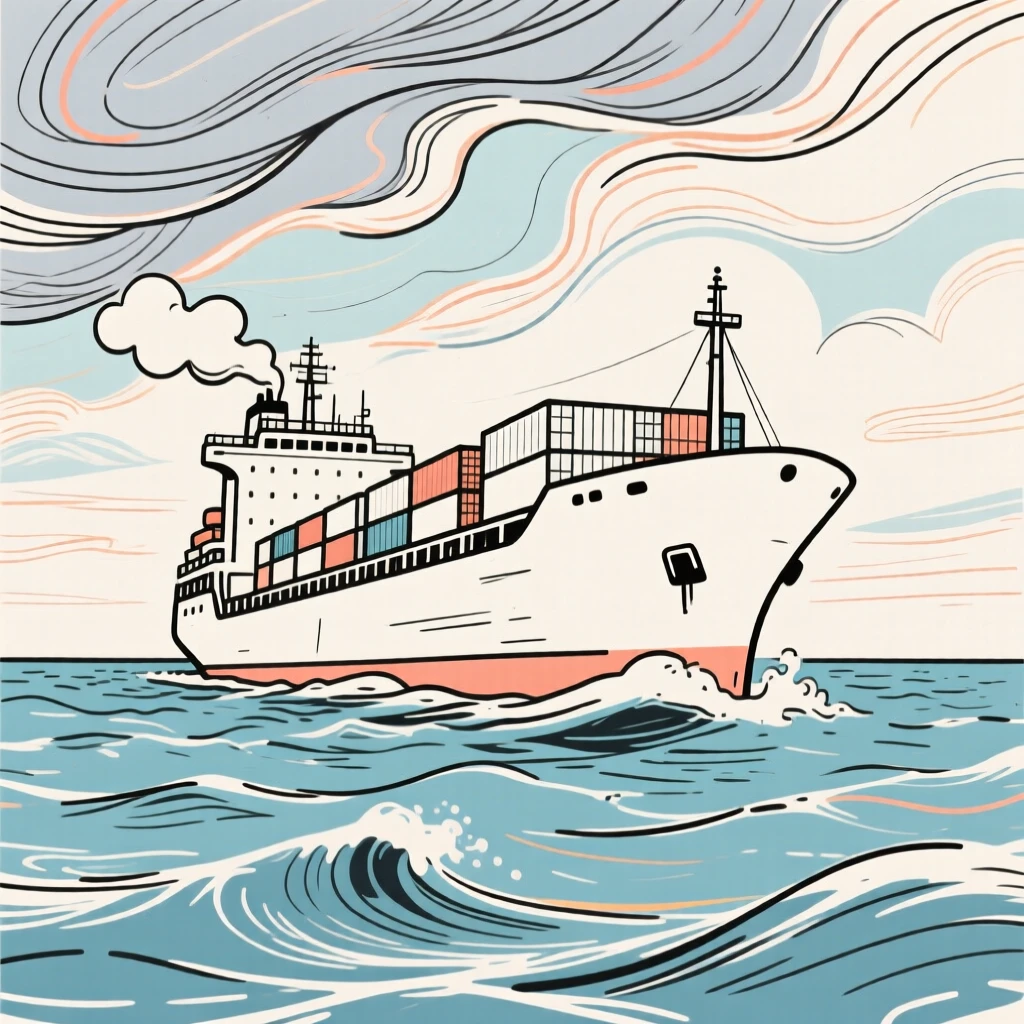 A cargo ship crossing the open ocean under a dramatic sky.