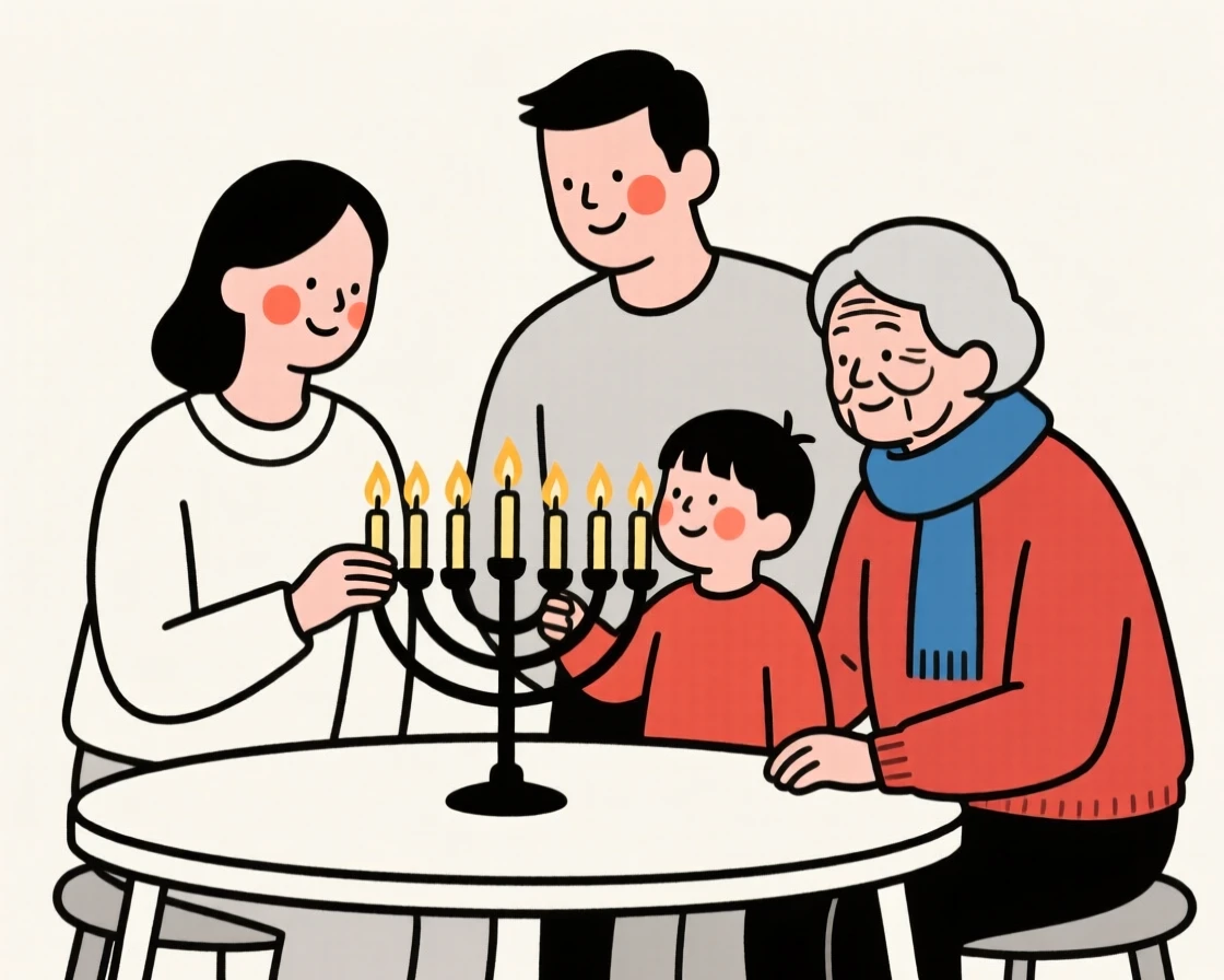 A family lighting a menorah for Hanukkah.