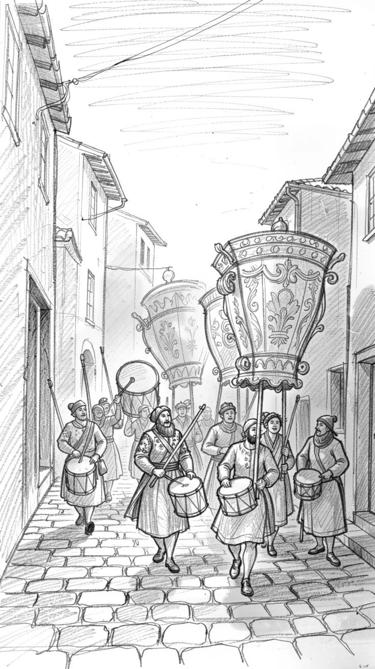 A rich travel moment capturing performers marching with vivid floats and drums along a winding cobblestone alley, with the warm glow of dusk settling in.