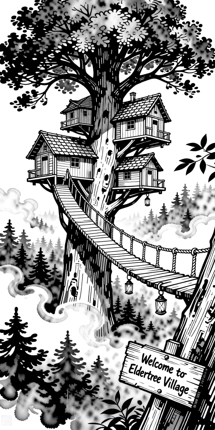 A hidden treehouse village connected by rope bridges high above a misty forest.