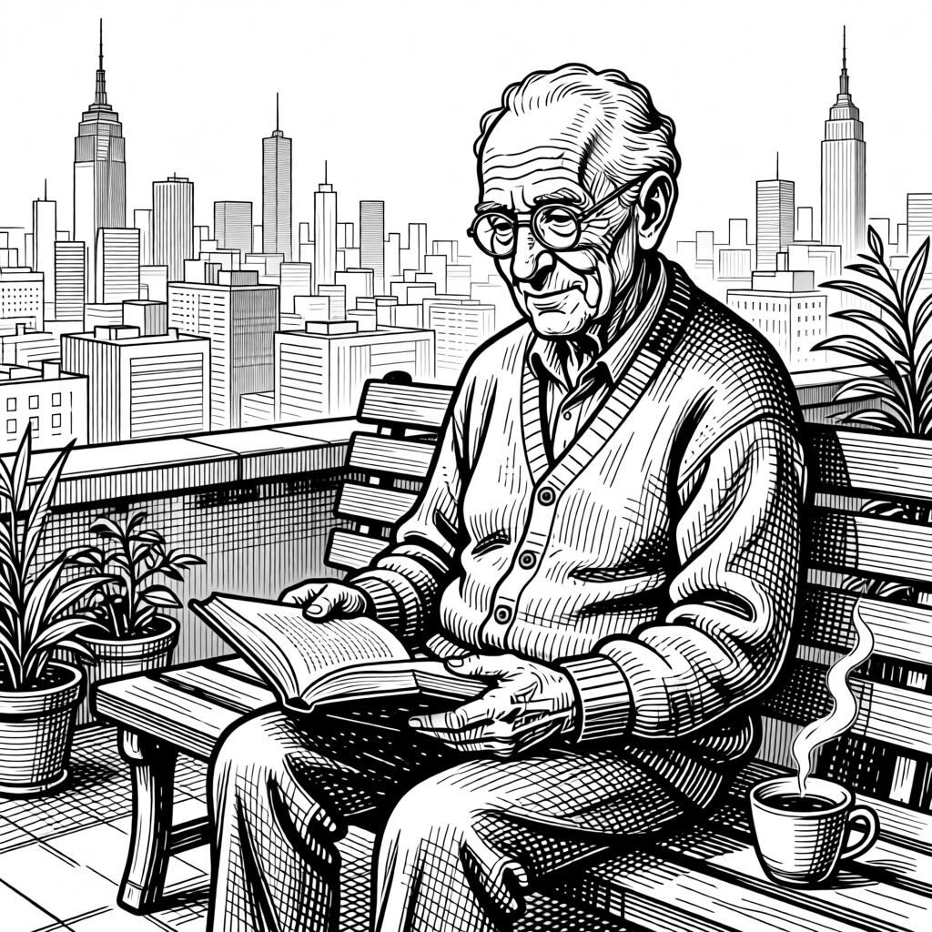 An elderly man reading on a park bench on a rooftop overlooking the city skyline, with a cup of tea resting close by, creating a tender and sincere lifestyle scene.