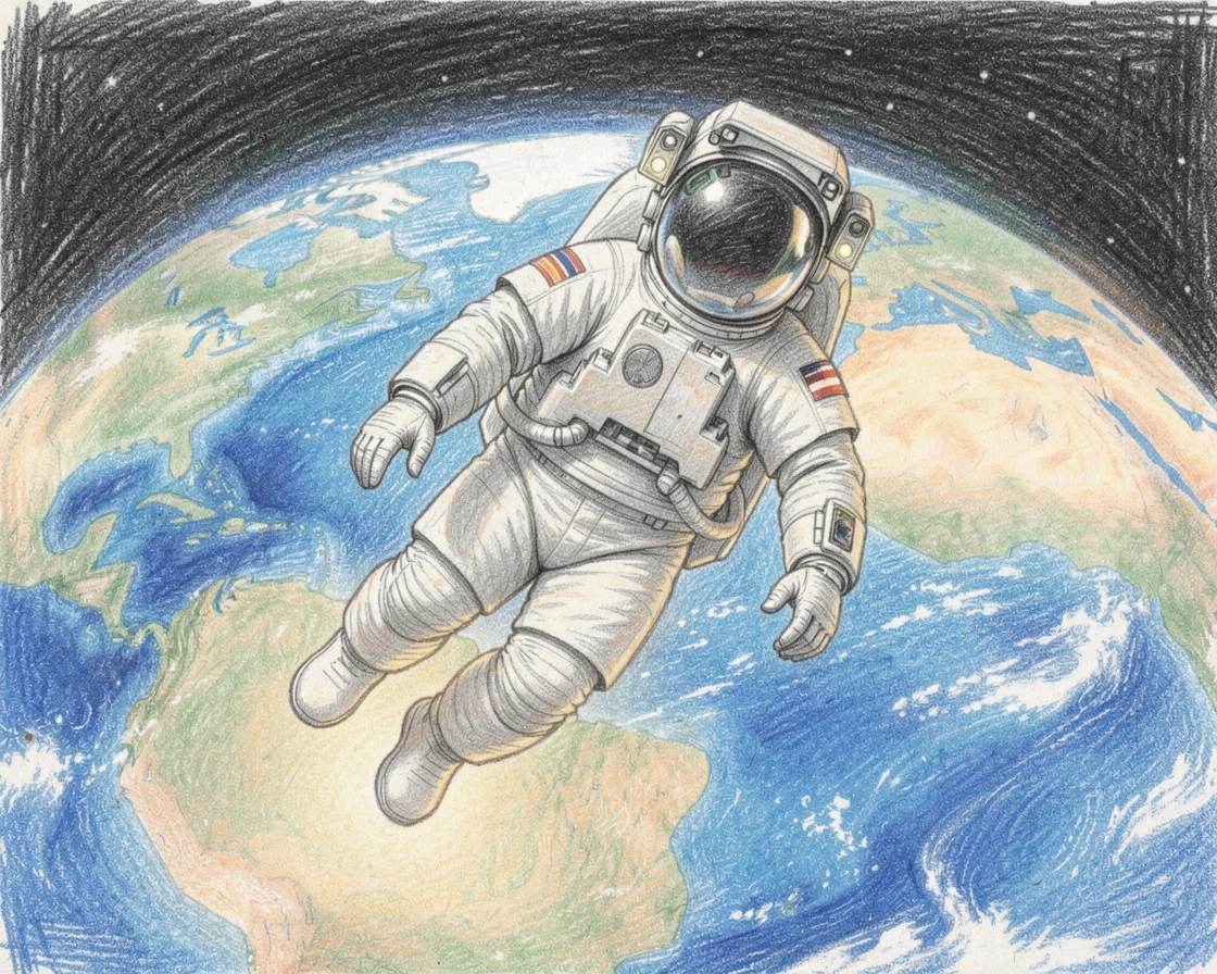 An astronaut floating above a glowing blue Earth, with a gentle play of light and shadow across the composition, evoking warmth, beauty, and a lasting sense of wonder.