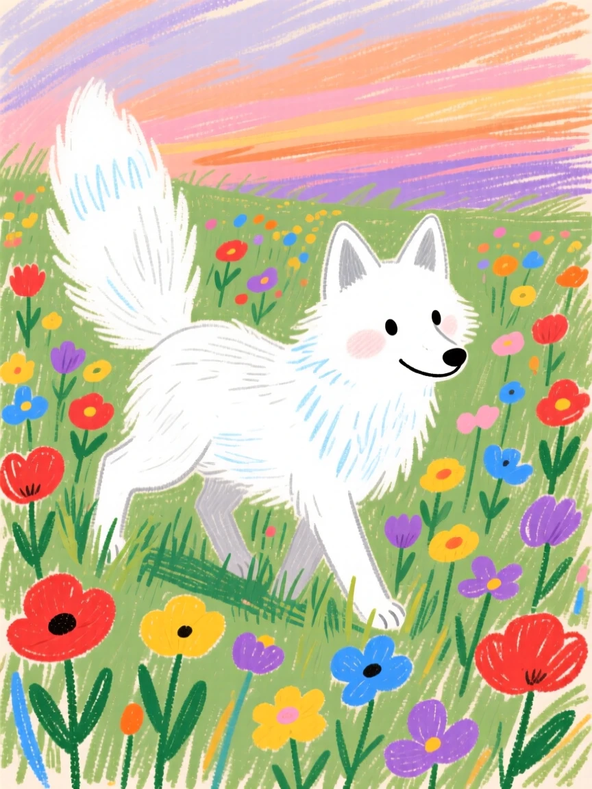 A snowy fox wandering through a field of wildflowers at dusk.