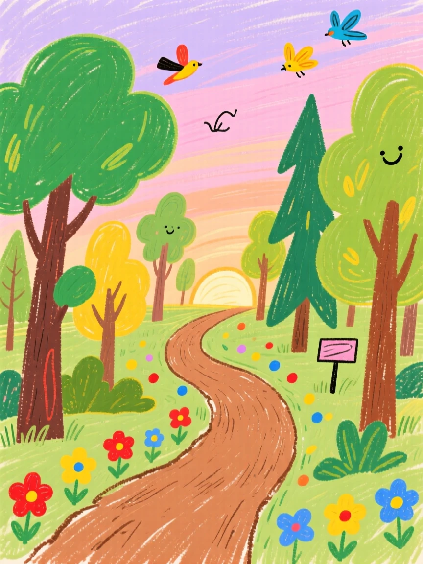 A winding forest trail as the first light of dawn touches the treetops.