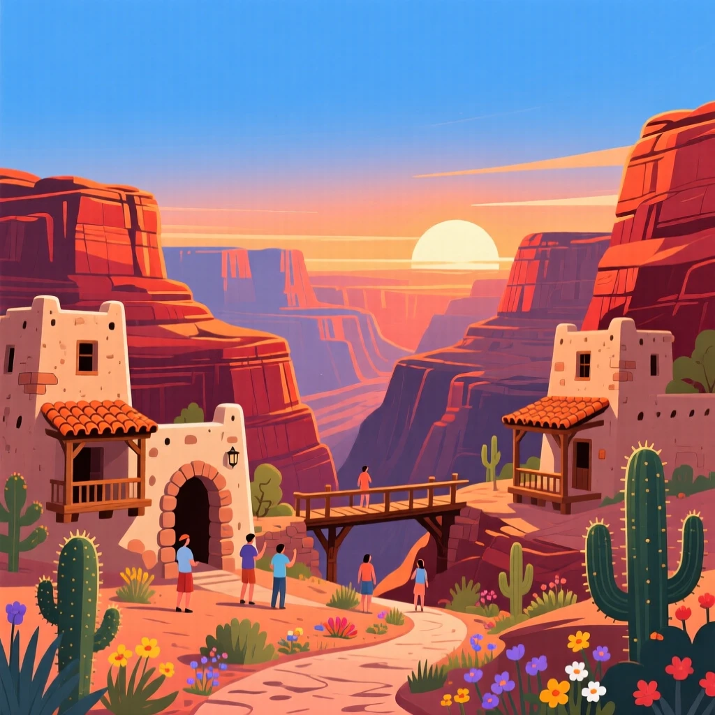 A grand desert canyon glowing red at sunset, under a clear crisp blue sky, composed with charming architectural details in focus, with a joyful, adventurous atmosphere.