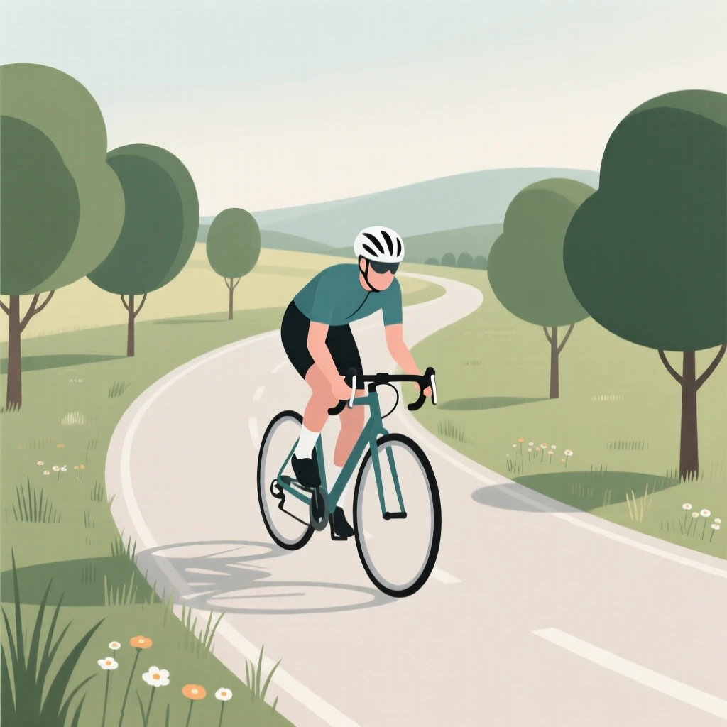 A cyclist riding through a scenic countryside road lined with trees.