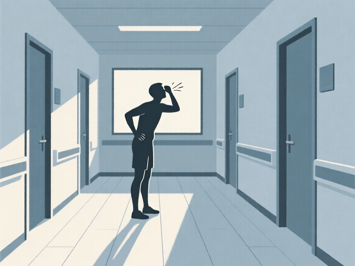 A quiet moment of calm reassurance as a runner catching their breath pauses in a quiet hospital hallway beside fading sunlight.
