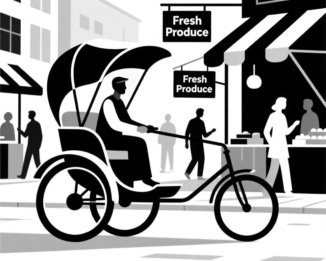 A rickshaw navigating a bustling market street.