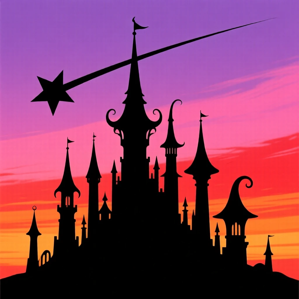 A shooting star streaking above a silhouette of distant fantasy spires.