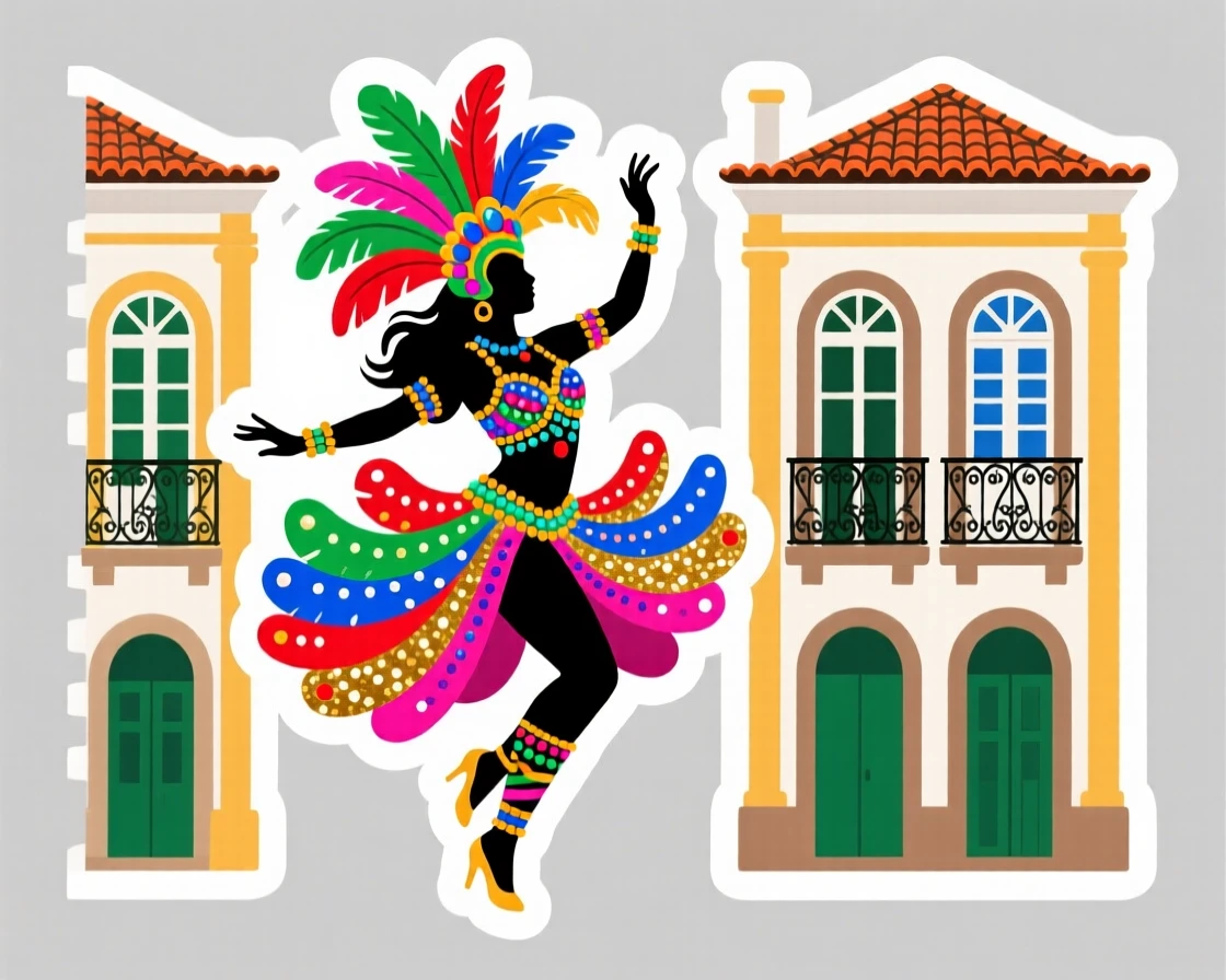 A postcard-perfect colorful Rio-style carnival dancer costume, framed by traditional architecture, in a moment worth remembering forever.