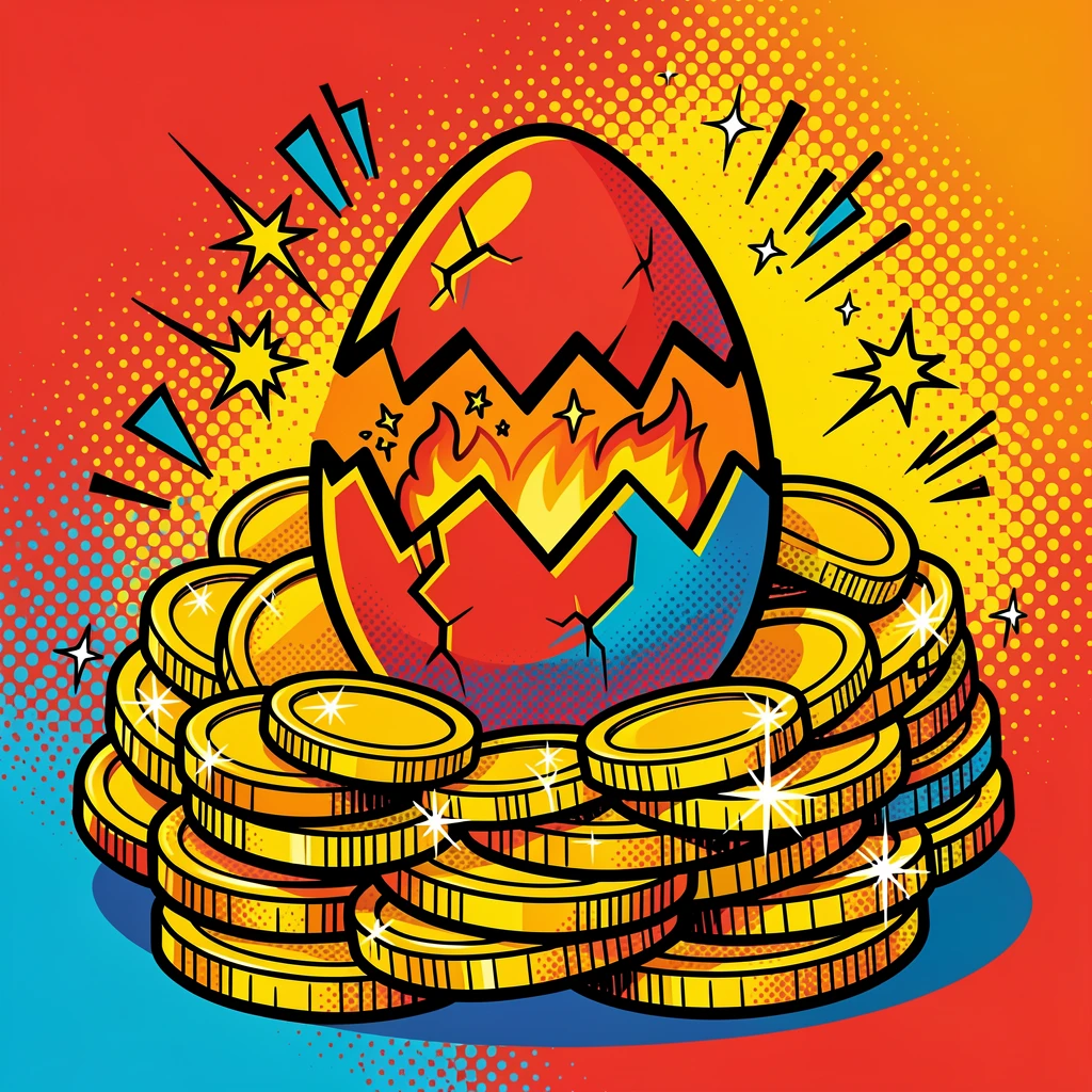 A dragon egg hatching in a nest of coins