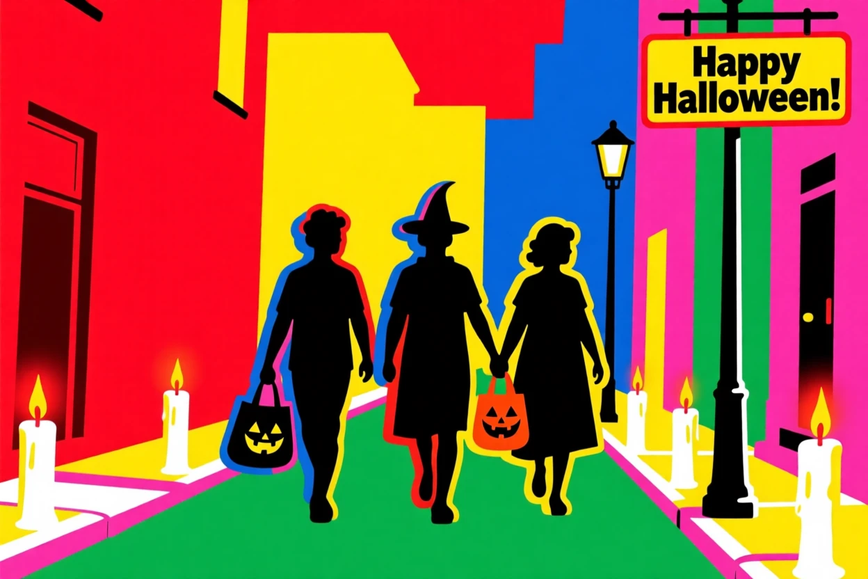 Halloween trick-or-treaters walking down a candlelit street