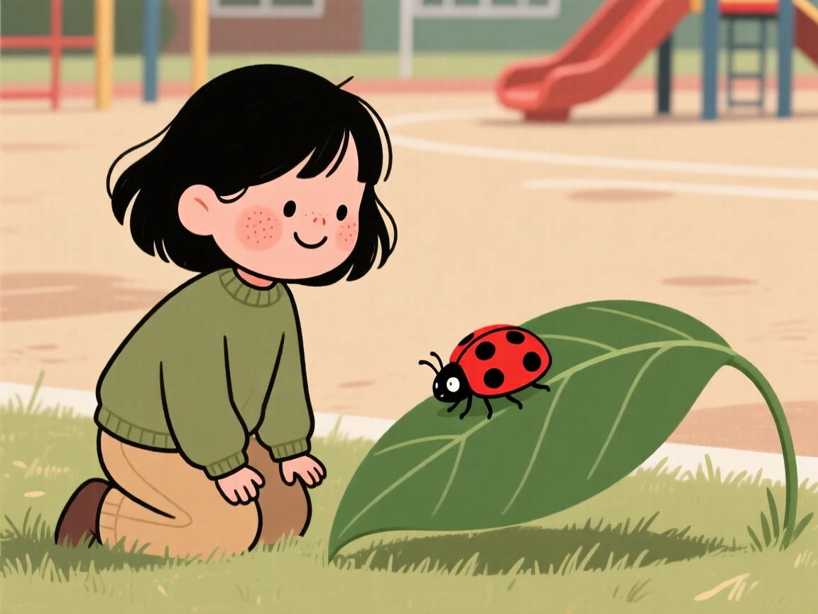 A curious young girl kneels beside a ladybug on a leaf in the school playground, watching intently as it inches along a blade of grass.