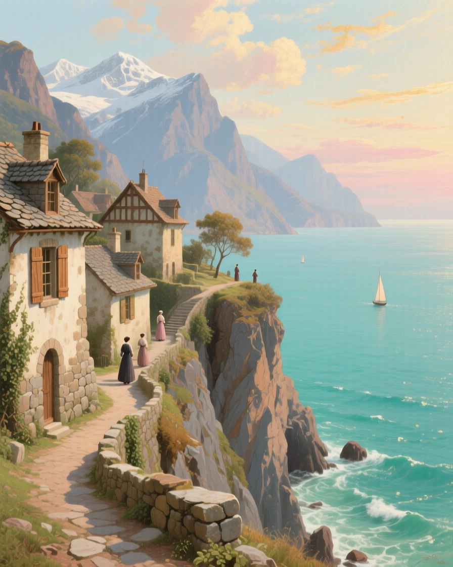 A sweeping wide shot of a cliffside village overlooking a sparkling turquoise sea, in the Victorian era, in the Himalayas.