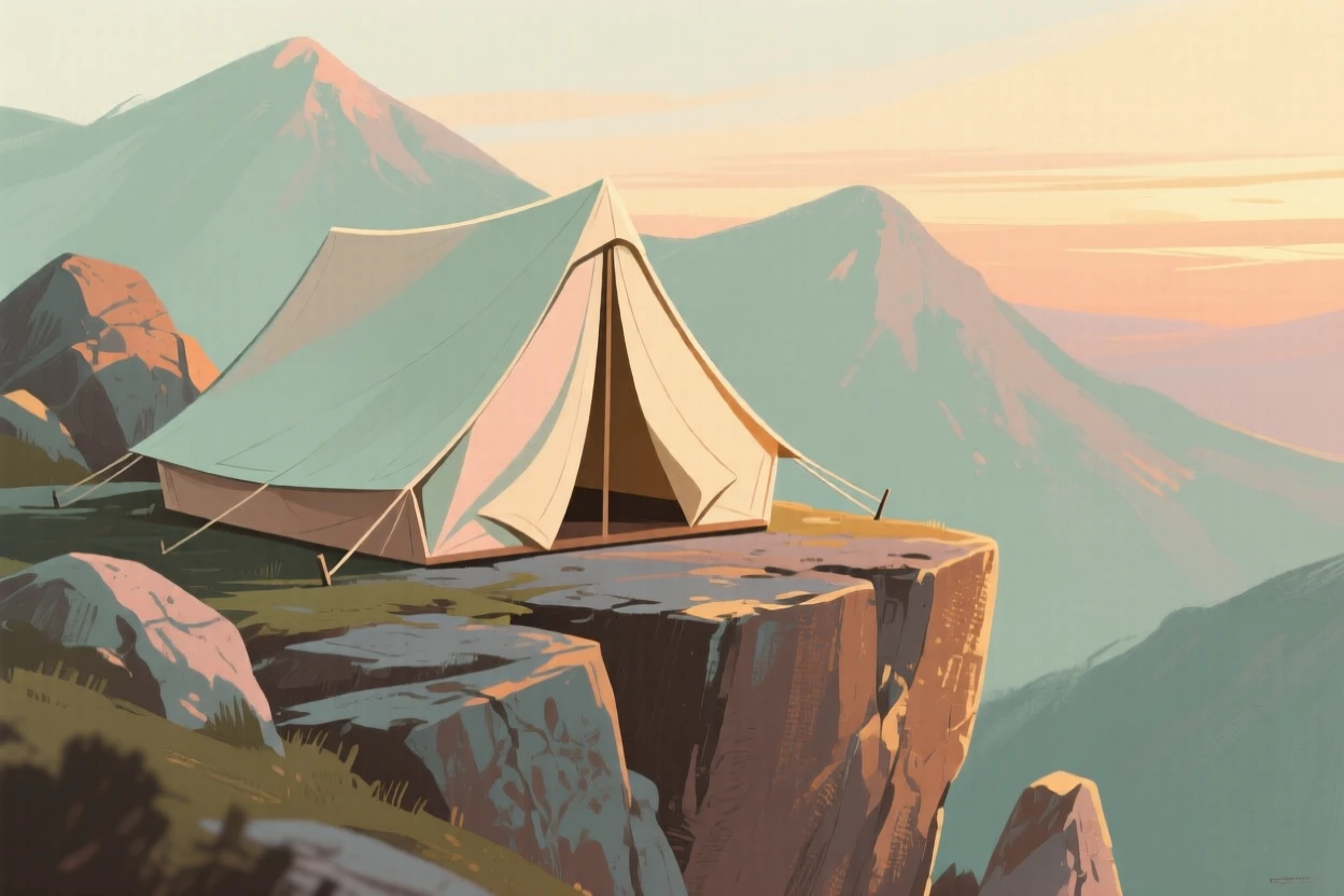 A mountaineer's tent pitched on a narrow rocky ledge at dusk