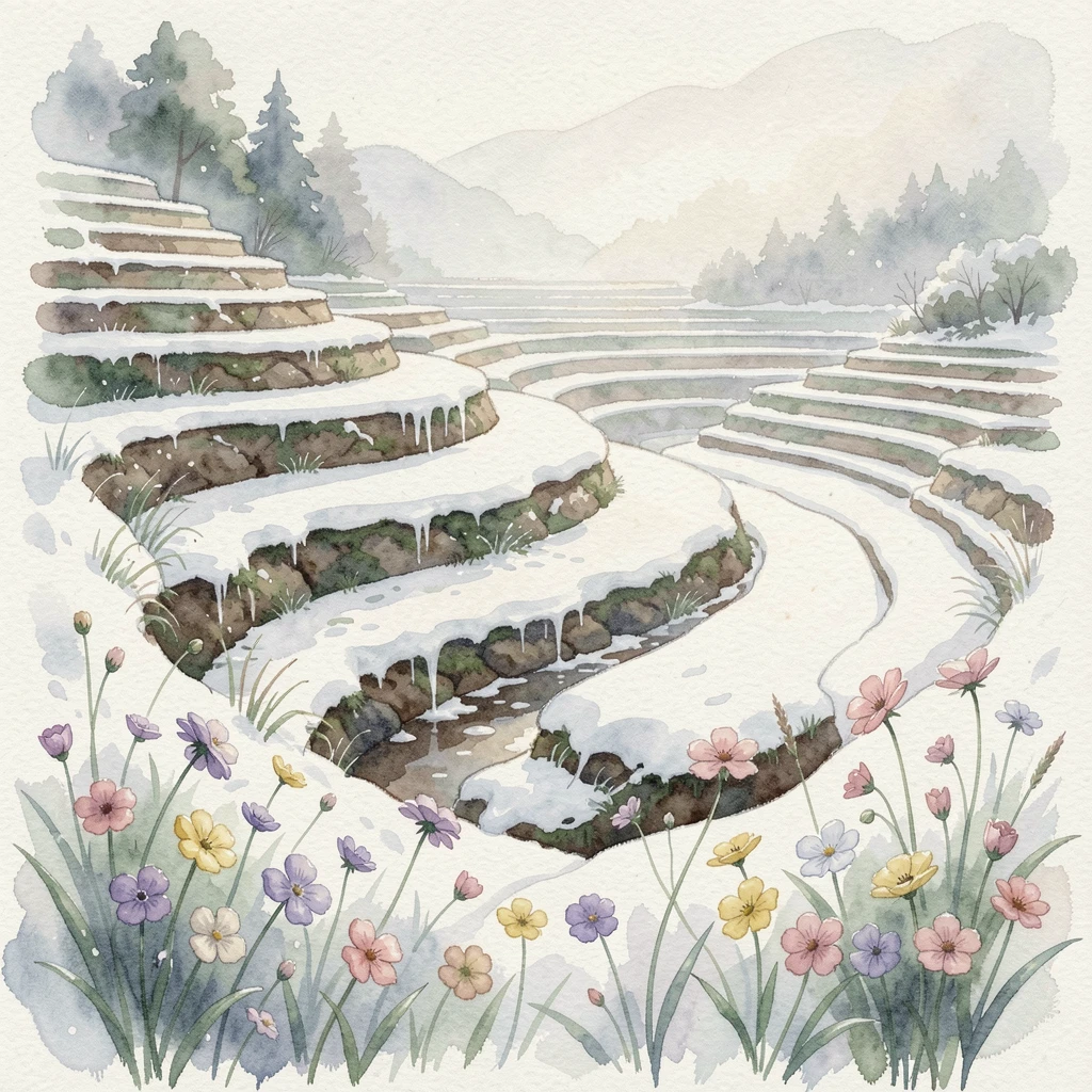 A terraced rice field during the first snowfall with wildflowers scattered across the foreground.