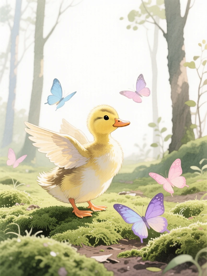 A baby duckling stretches in a patch of sunlight in a mossy forest clearing, as butterflies drift nearby