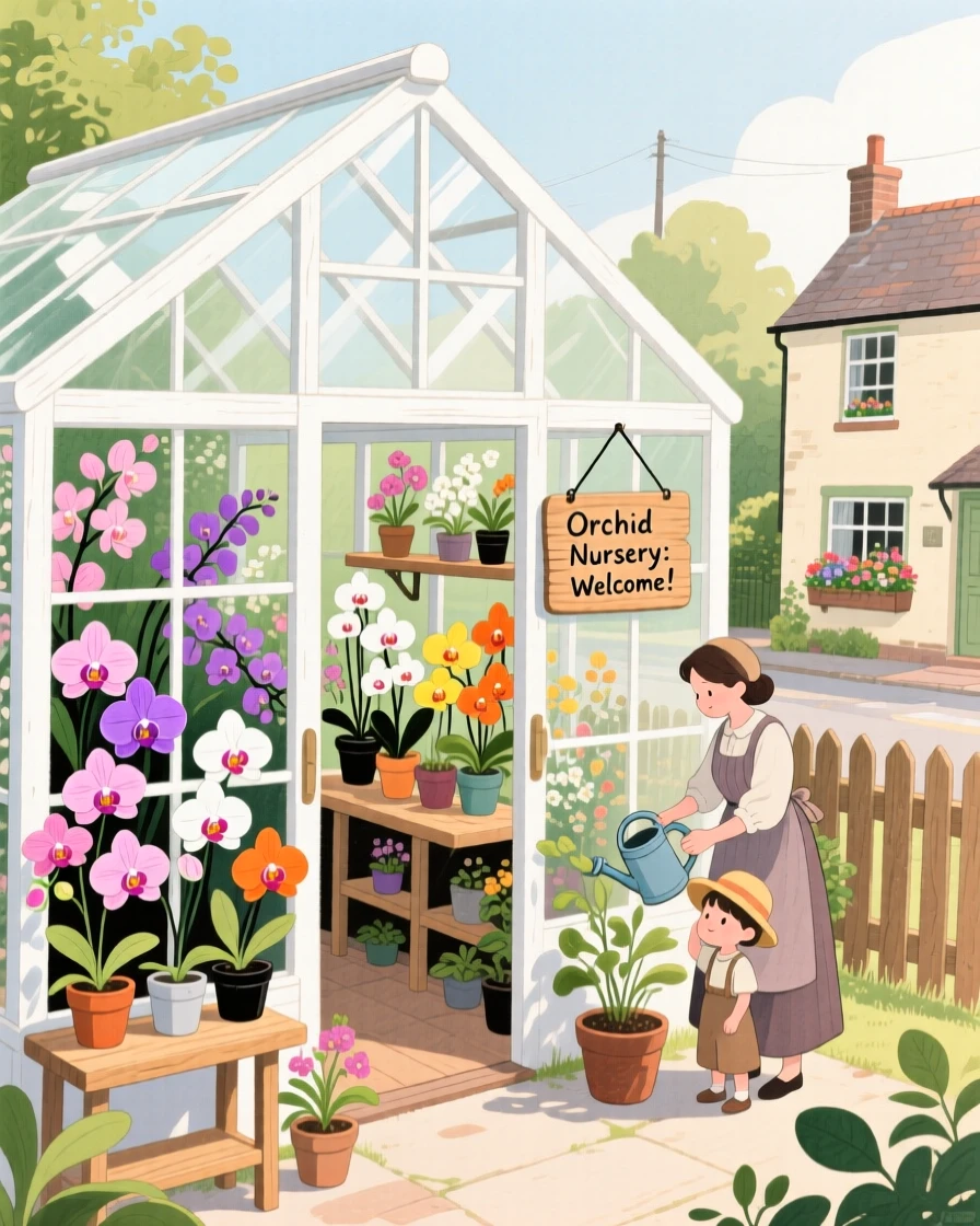 A greenhouse full of blooming orchids, bustling gently with everyday village life.