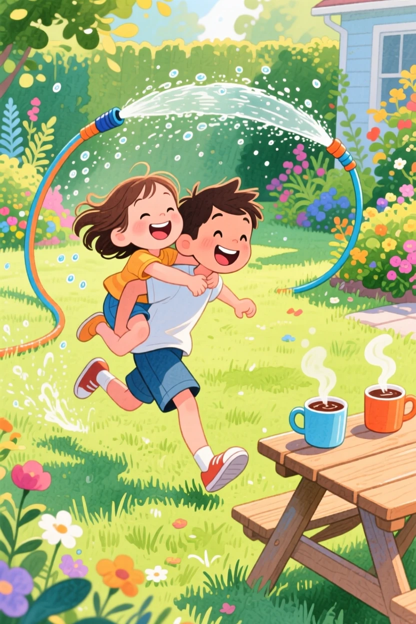 Siblings piggyback racing across a sunny backyard lawn, in a lush green backyard with a garden hose sprinkler, with steam rising from mugs of cocoa nearby, playful joy and sibling love.