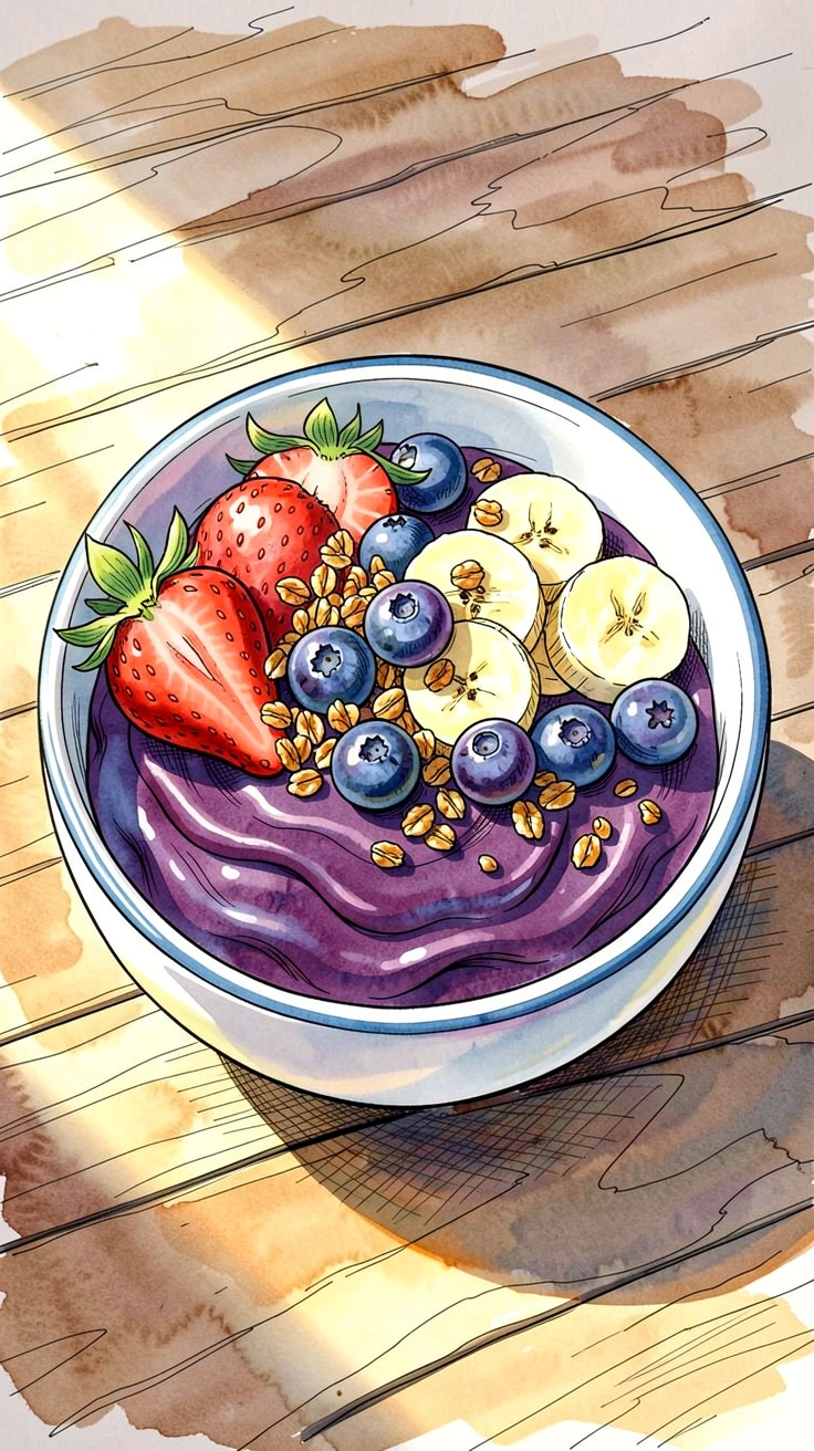 A colorful bowl of acai topped with fresh fruit and granola, sunlight streaming across the table, highlighting every texture.