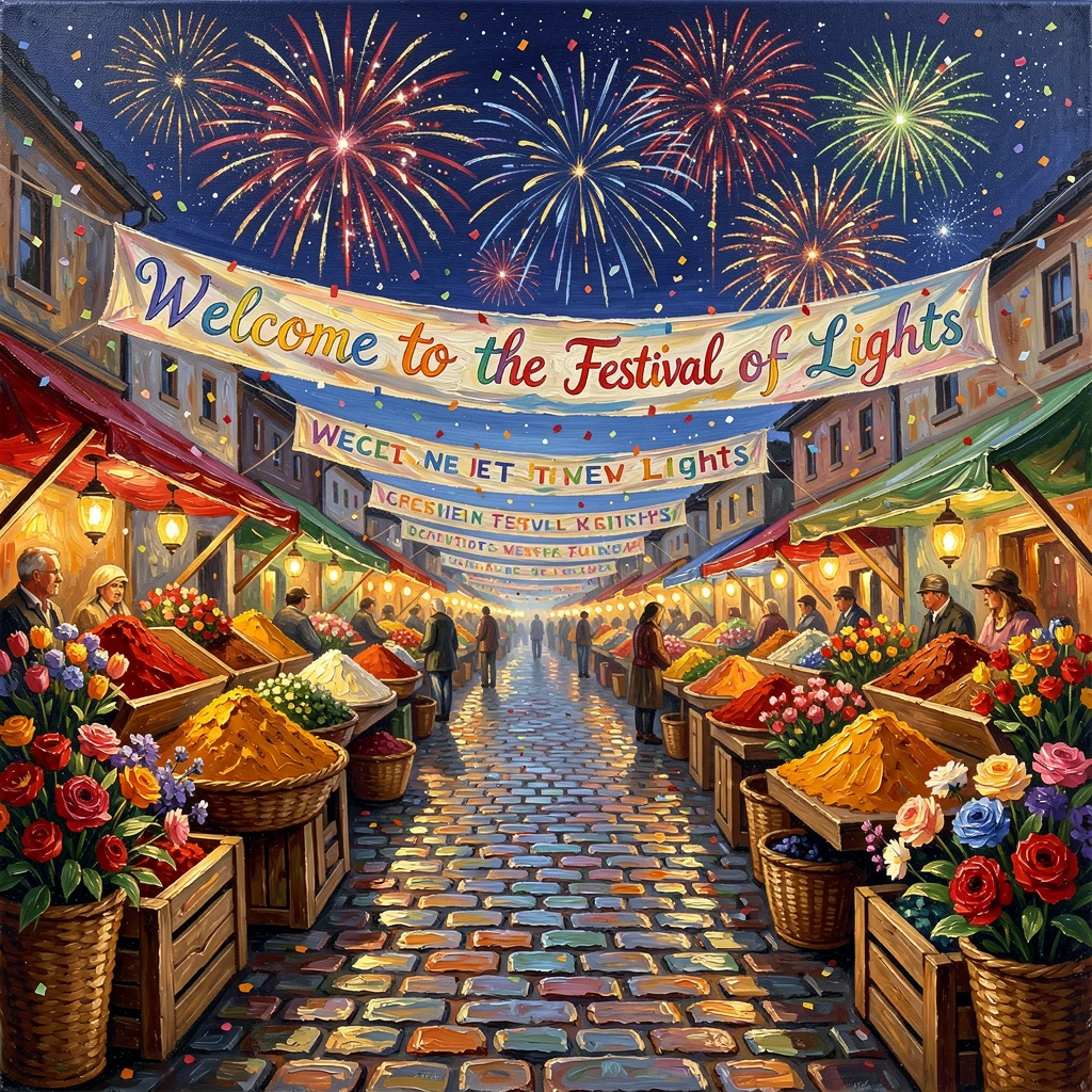 A lively outdoor market filled with spices and flowers, confetti drifting through the air, along a cobblestone street decorated with banners, under a clear night sky filled with bursts of color.