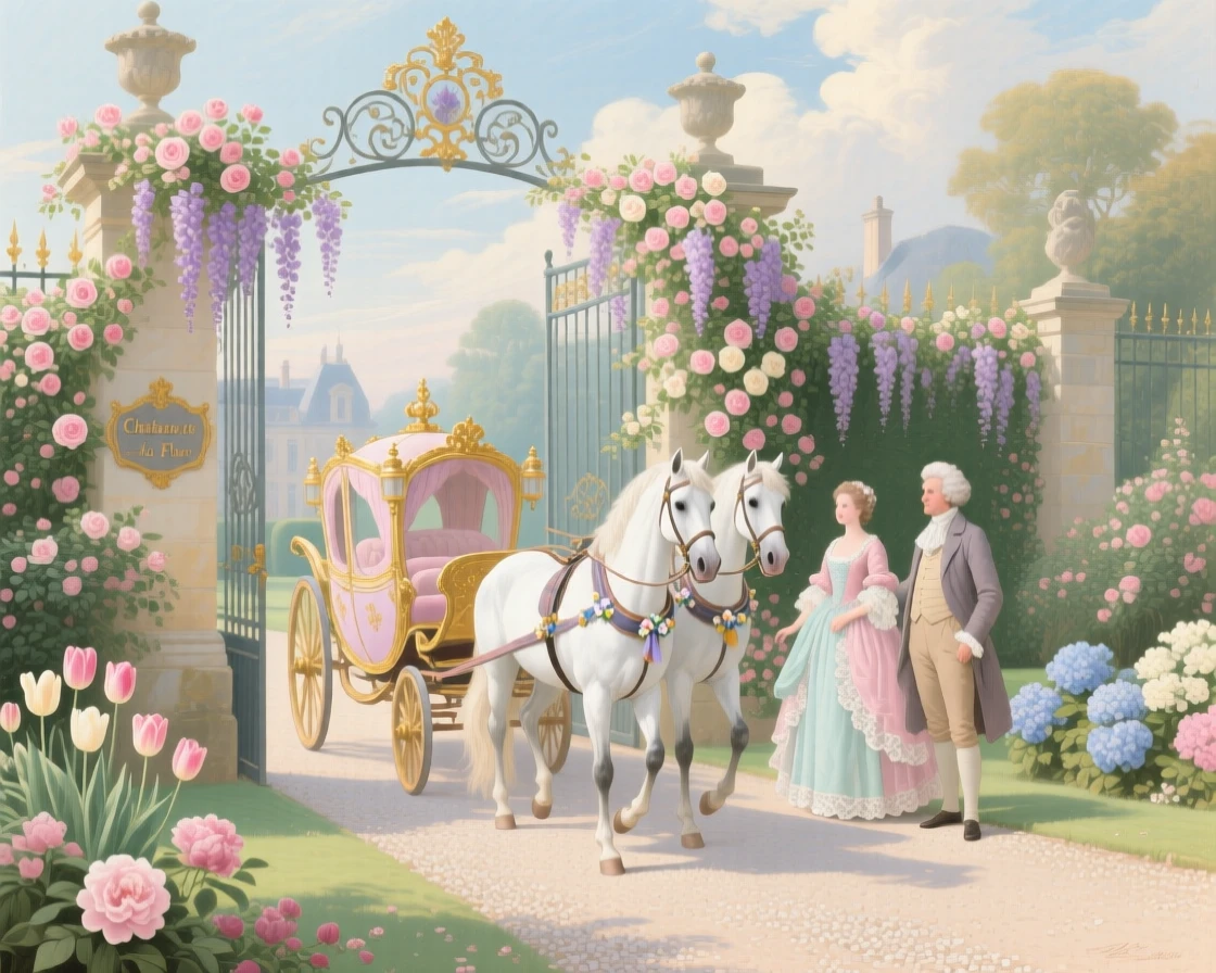 A horse-drawn carriage arriving at an estate through a flower-lined gate  