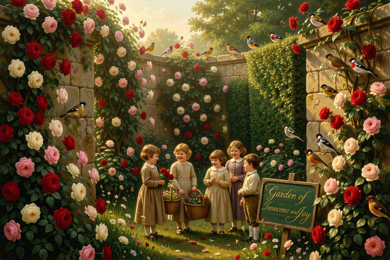 Children gather blooms in a walled garden bursting with roses while birds sing from the hedges.