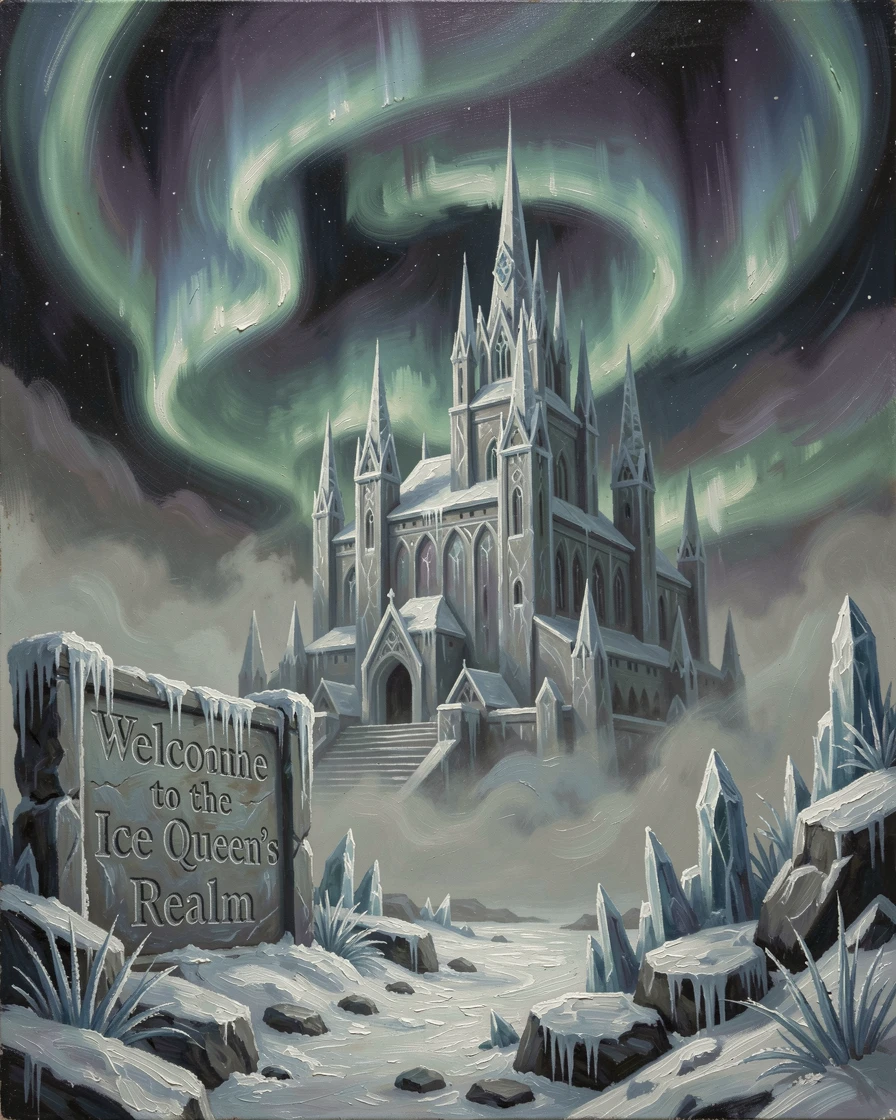 An ice queen's palace glittering beneath the northern lights, as swirling mist and atmosphere add mystery to the scene, combining epic scale with rich, immersive atmospheric detail