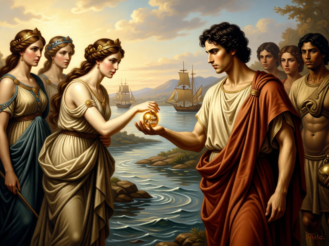 The Trojan prince Paris awarding the golden apple to the fairest goddess at the exact instant fate is sealed, set beside the rushing waters of a mythic river, with distant ships and mountains fading into a golden haze; the crowd forms a natural frame around the central action, charged with heroic resolve and quiet foreboding.